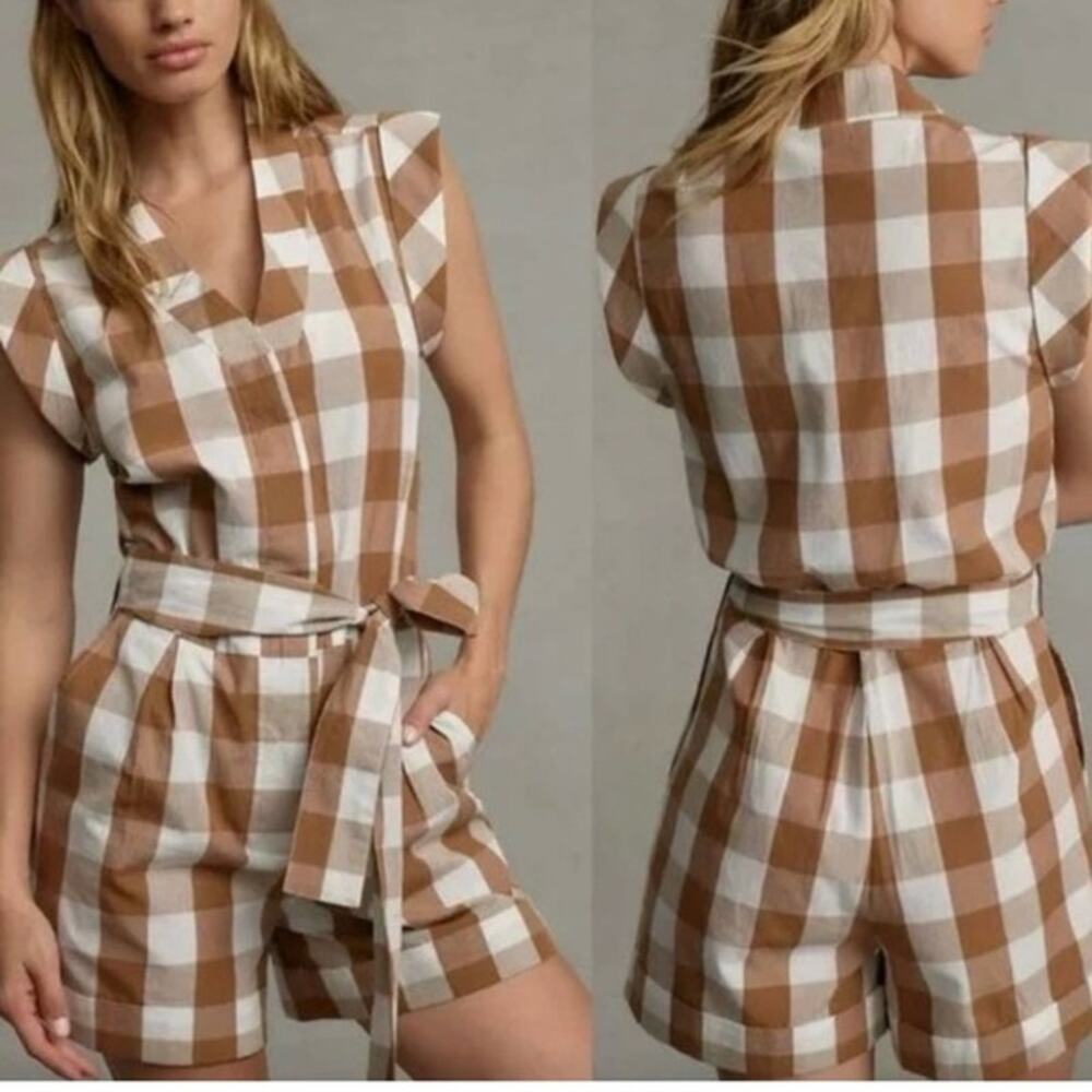 Anthropologie WHIT Two Brown Buffalo Check Gingham Romper Size Small - Picture 12 of 12